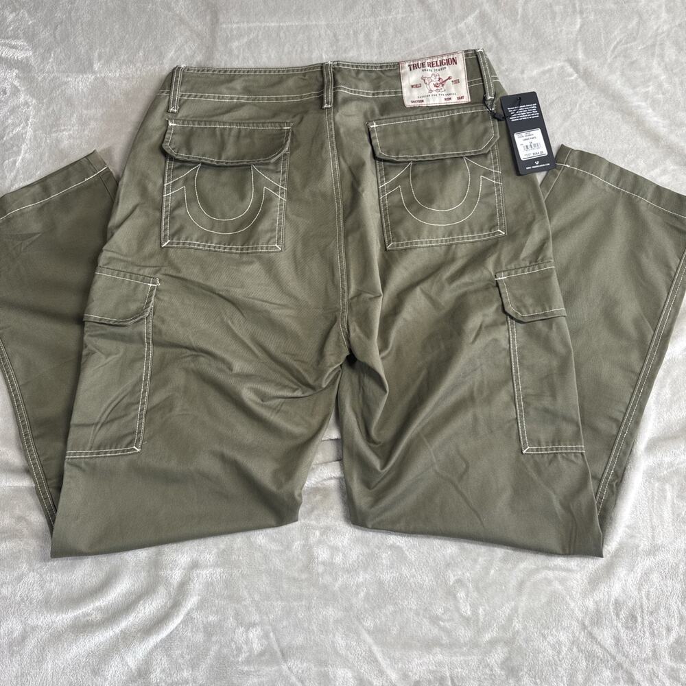 True Religion NEW Mens Cargo Pants 34 Green Canvas Straight Leg Zip Pockets Logo